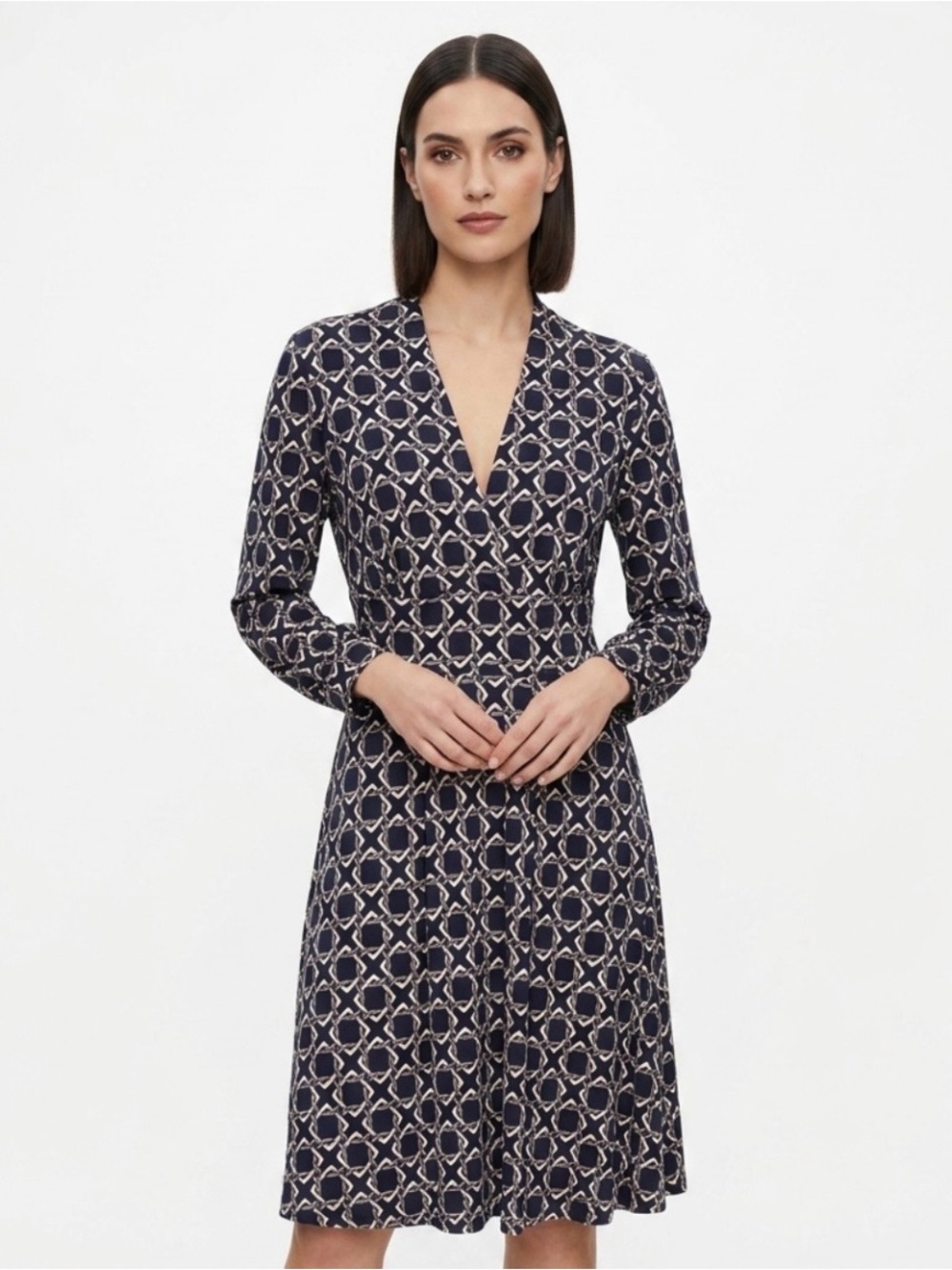 Banana Republic silky faux wrap knit dress w chain link pattern navy lavender M